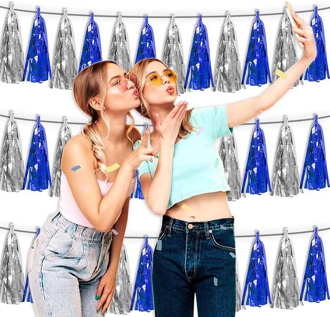 3P Navy-Blue Silver Metallic Fringe Tassel Banner Garland Foil Tinsel Streamer - Image 4