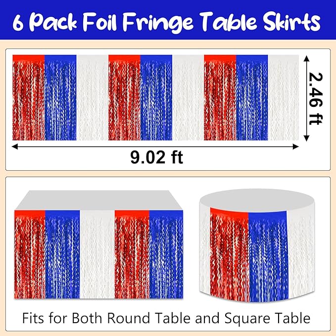 6 Pack 29 x108 Inch White Blue Red Wave Foil Fringe Table Skirts Metallic Banner - Image 2