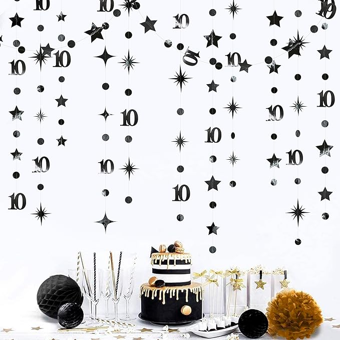 Black 10th Birthday Decorations Number 10 Circle Dot Twinkle Star Garland by pinkblume