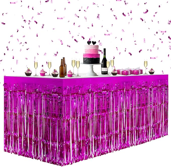 2 Pack Rose Red Table Skirts, 29x108" Metallic Foil Tinsel Fringe Table Skirts by Unknown