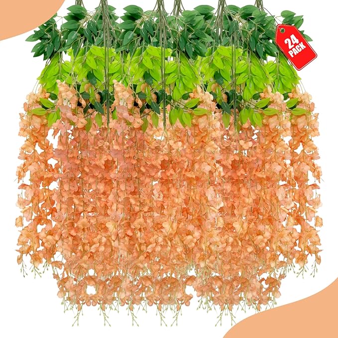 24 Pack Orange Wisteria Hanging Flowers, 3.4 Ft Fake Hanging Flowers, by ZEBMOON
