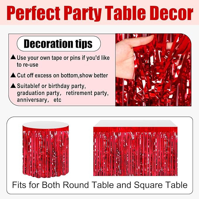 3 Pack 29x108 Inch Red Foil Fringe Table Skirts Metallic Banner - Image 3