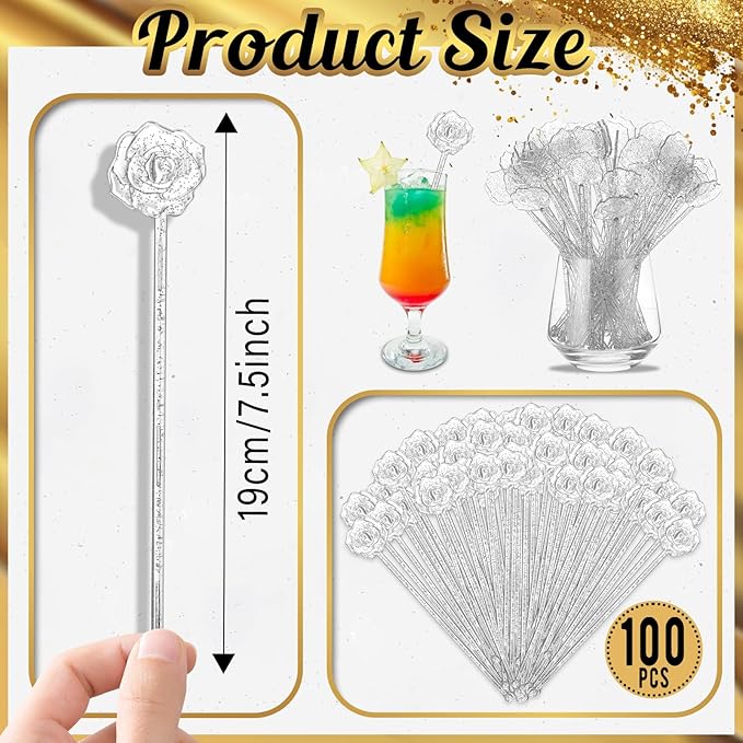 100 Pcs Silver Glitter Drink Stirrers Cocktails Plastic Swizzle Sticks 7.5 Inch - Image 3