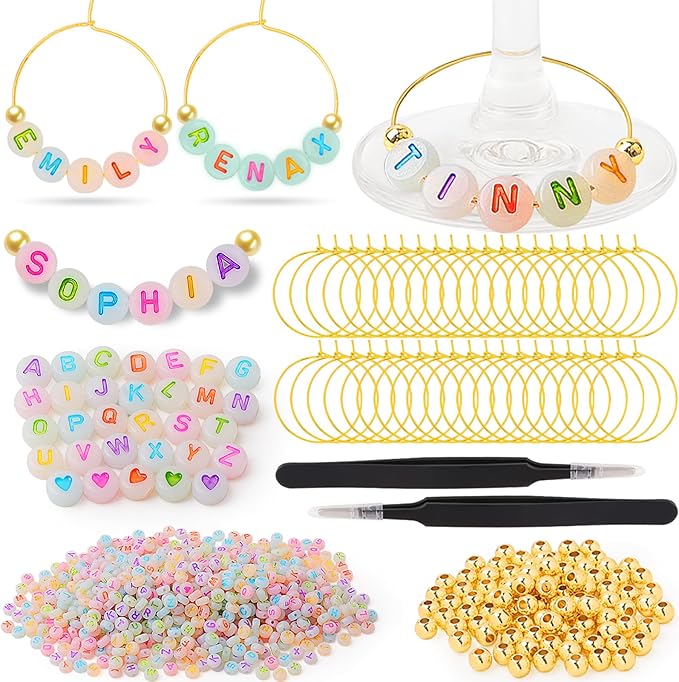 60 Sets DIY Wine Glass Charms – 780 Letter Beads 120 Gold Beads 60 Charm Rings by TMKEFFC
