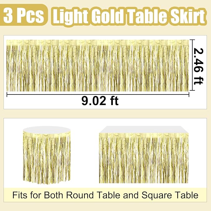 3 Pack 29 x108 Inch Light Gold Foil Fringe Table Skirts Metallic Banner - Image 2