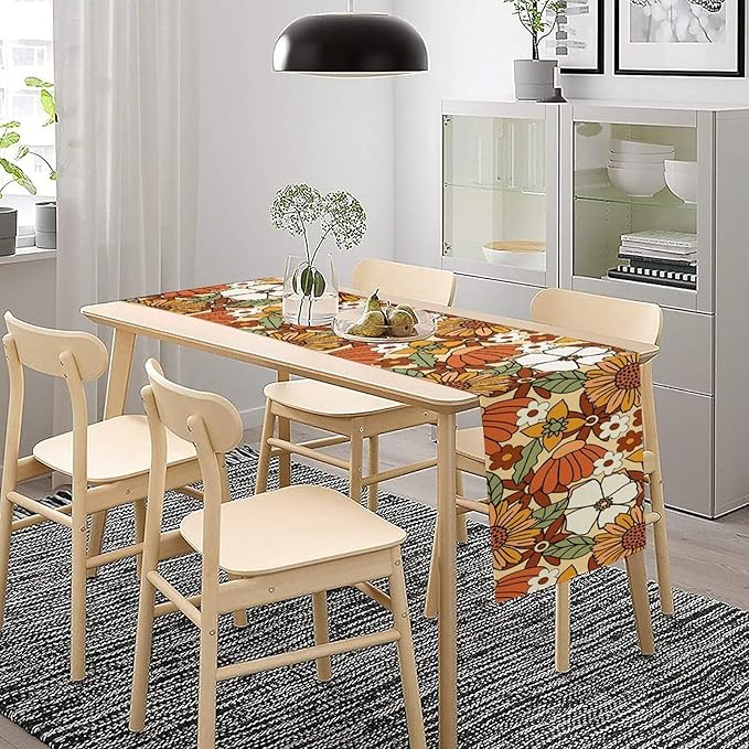 Vintage Floral Table Runner, Boho 70s Style Retro Flower Table Cloth Kitchen - Image 3