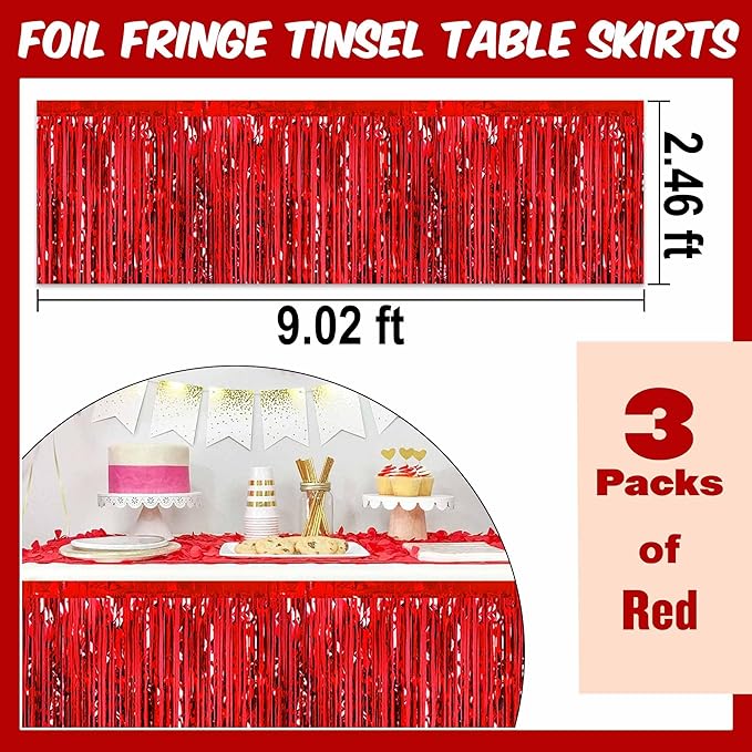 3 Pack 29 x108 Inch Red Foil Fringe Table Skirts Metallic Banner - Image 3