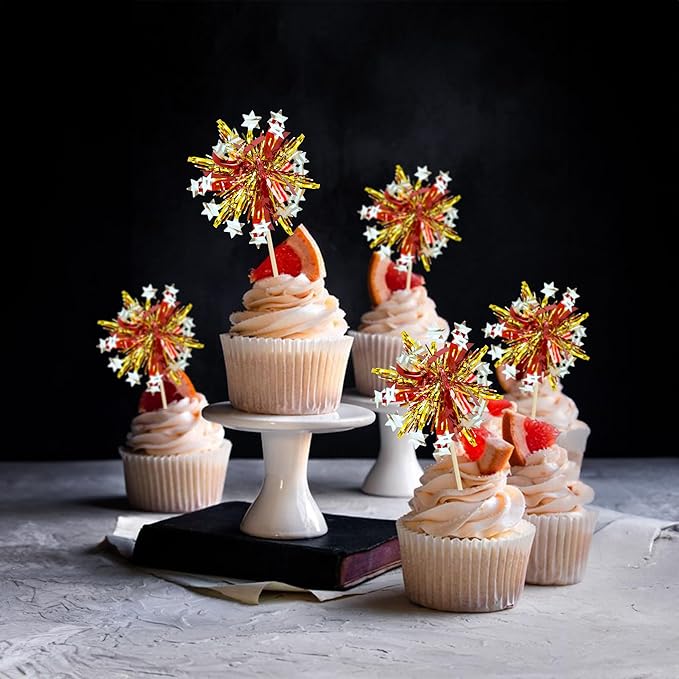 Ephlyn 30Pcs Foil Firework Cupcake Toppers Sparkle Tinsel Cupcake Picks Happy - Image 6