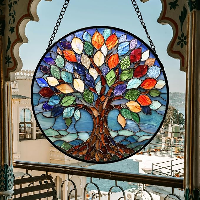 Stained Glass Window Hanging, Colorful Tree of Life Sun Catchers Glass Panel - Image 3