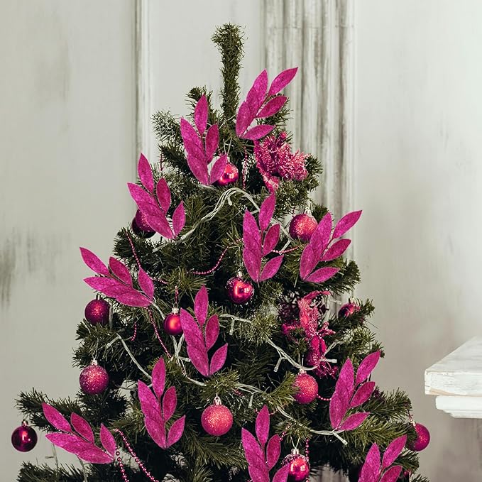 GREENTIME 12 Pack Artificial Rose Red Glitter Leaves 13" Fake Christmas Picks - Image 5