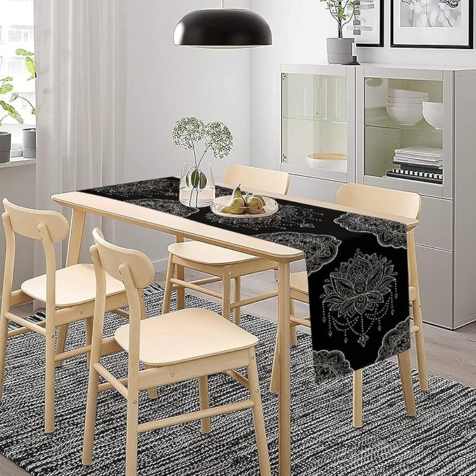 Lotus Flower Table Runner, Bohemian Ethnic Oriental Mandala Black White Floral - Image 3