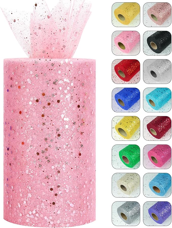 Glitter Tulle Rolls, 6” by 50 Yards Sparkling Tulle Spool Ribbon Sequin Tulle by Miegecha