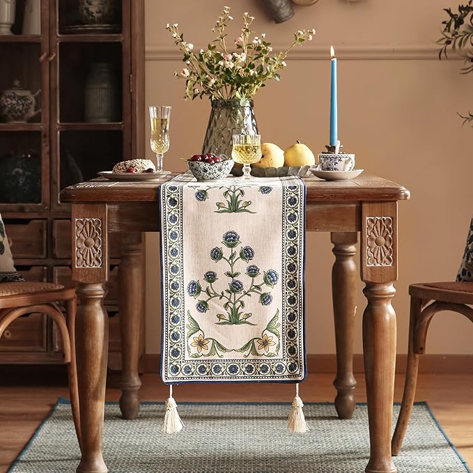 patdrea Designer Blue Rustic Elegant Floral Patterned Linen Table Runner 102 - Image 2