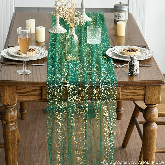 Artoid Mode 3PCS Green Gold Gauze Table Runner 120 Inch 10FT, Glitter Metallic - Image 5