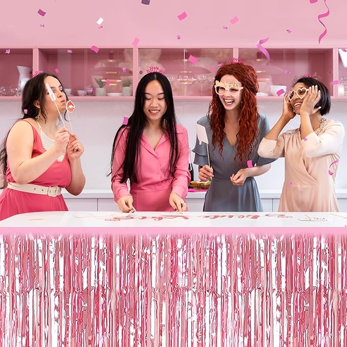 3 Pack 29 x108 Inch Pink Foil Fringe Table Skirts Metallic Banner - Image 4