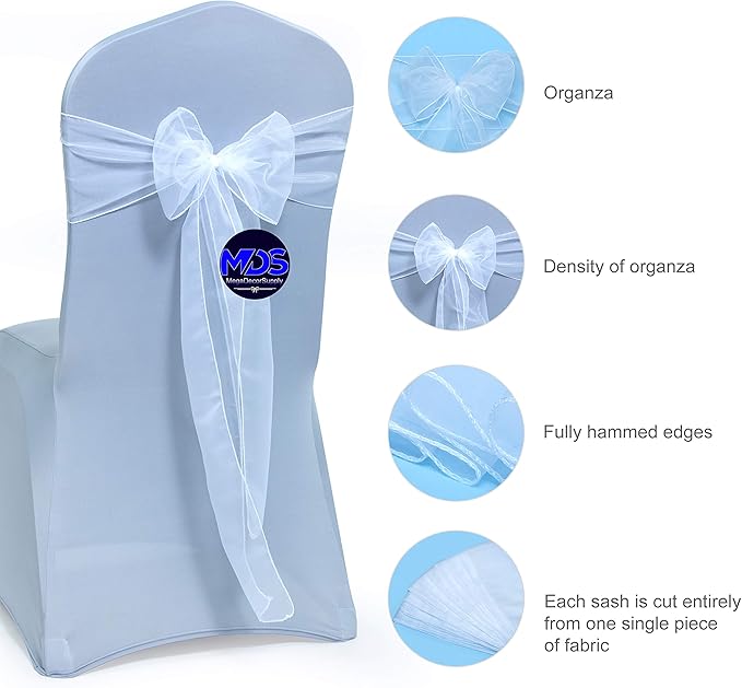 MDS Pack of 25 PCS Organza Chair Sashes Wider Dining Chair Bows Ribbon Tie Back - Image 2