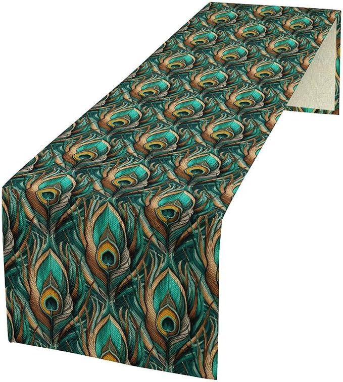 Peacock Feather Table Runner, Retro Aesthetic Green Table Runner by Unknown