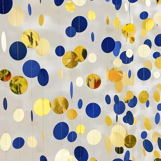 46 Ft Navy Blue and Gold Circle Dots Garland Royal Blue Hanging Paper Polka Dot - Image 8