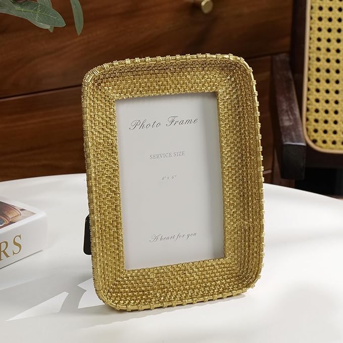 Cuspin 4x6 Picture Frame Vintage Gold Metal Rattan Textured Hand-Crafted Photo - Image 7