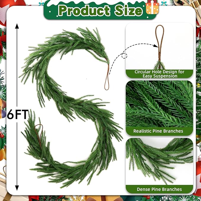 12 FT Norfolk Pine Garland Artificial, Realistic Christmas Greenery - Image 2