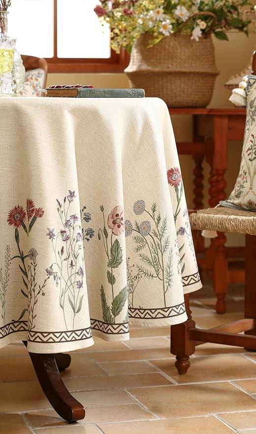 ISAENNE Designer Off White Linen Small Round Tablecloth, Floral Elegant Table - Image 5