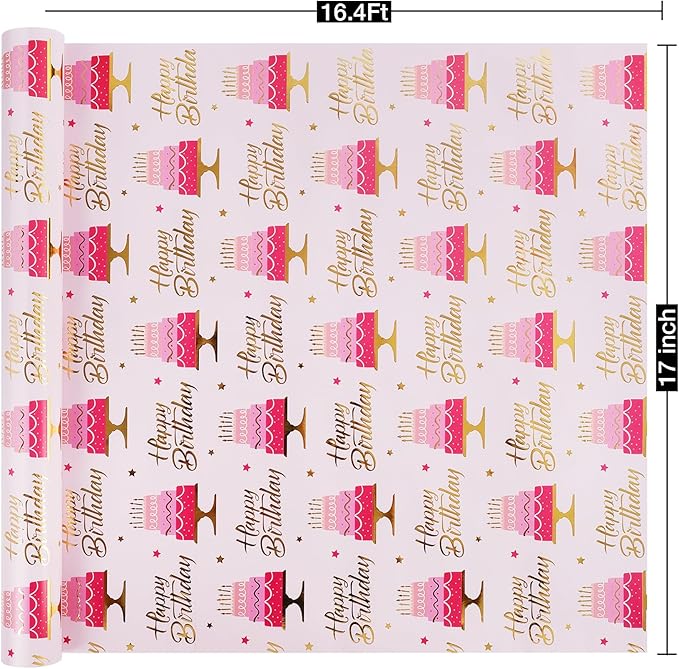 Aimyoo Pink Birthday Wrapping Paper Roll - Image 3