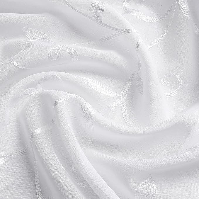 VISIONTEX White Leaves Sheer Voile Curtains, Decorative Embroidery Rod Pocket - Image 4