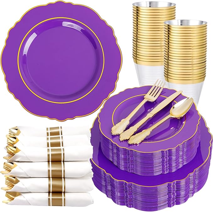 Liacere 350PCS Purple Plastic Plates-Disposable Purple and Gold Plates 50 guest by Liacere