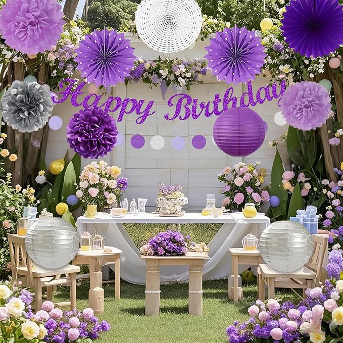 Purple and Silver Party Decorations-21PCS Happy Banner, Paper Lanterns Streamers - Image 5