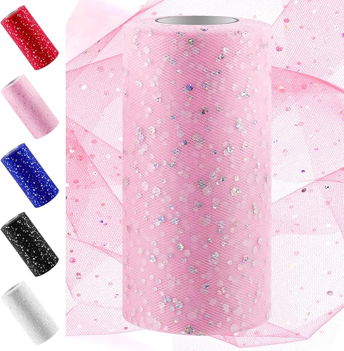 Swpeet 6 Inch by 50 Yards Pink Glitter Tulle Fabric Roll, Fabric Spool by Swpeet