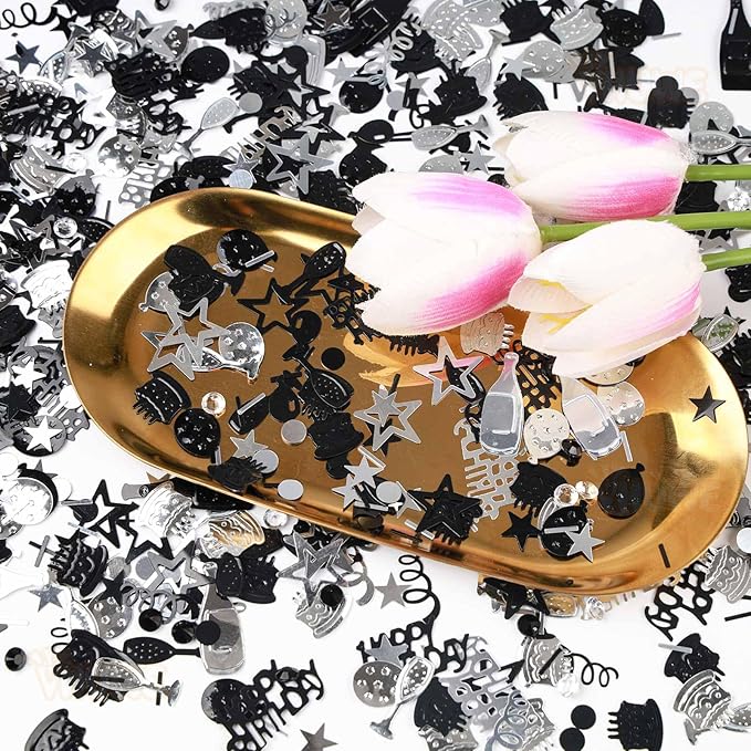 VHUWE Happy Birthday Confetti, 1.6 oz Black Silver Cake Balloon Star Goblet - Image 4