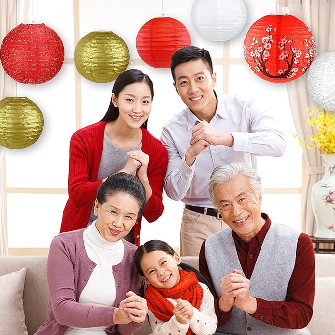 14Pcs Chinese Japanese Paper Lantern Assorted Sizes Hanging Plum Blossom Red - Image 4