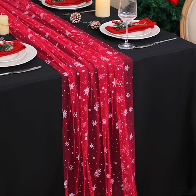 Snowkingdom Red Christmas Table Runner, Chiffon Gauze Seasonal Winter Kitchen by Snowkingdom
