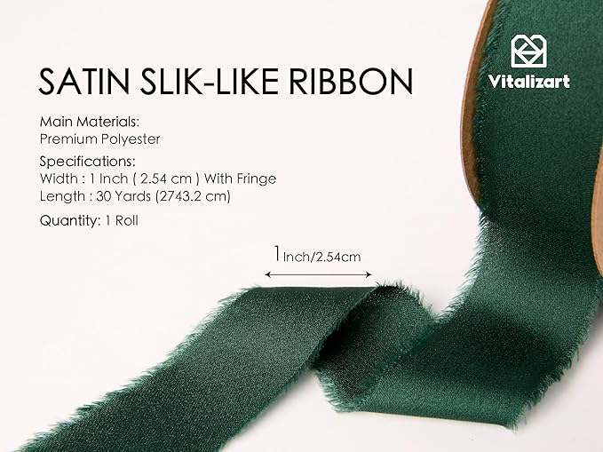 Vitalizart Silk Like Satin Ribbon 1 inch x 30 Yard Dark Green Handmade Frayed - Image 2