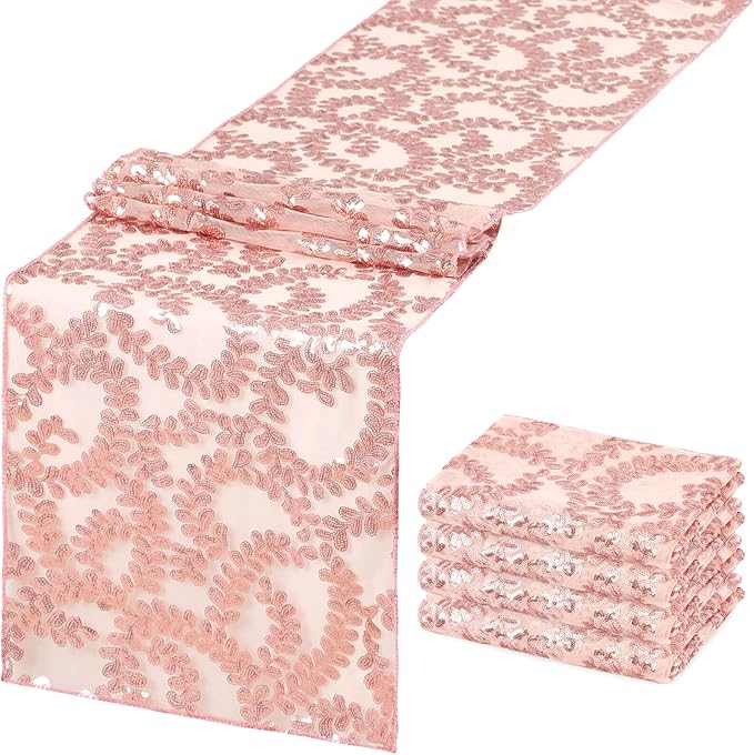 Sequin Table Runners 5 Pieces Rose Gold Flower Table Runners 12x72 Inch Glitter by SoarDream