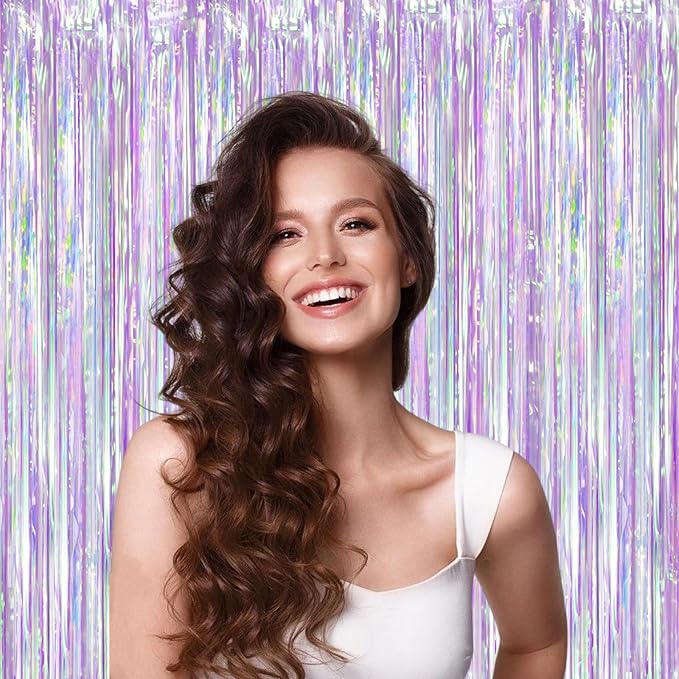 2 Pack Iridescent Purple Foil Fringe Curtains, Glittering Tinsel Streamers - Image 5
