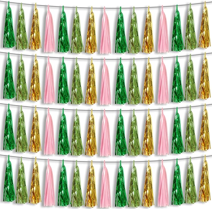 4P Pink-Gold Sage-Green Party-Decorations Foil Fringe Metallic Tassel Streamers by HYSILLA