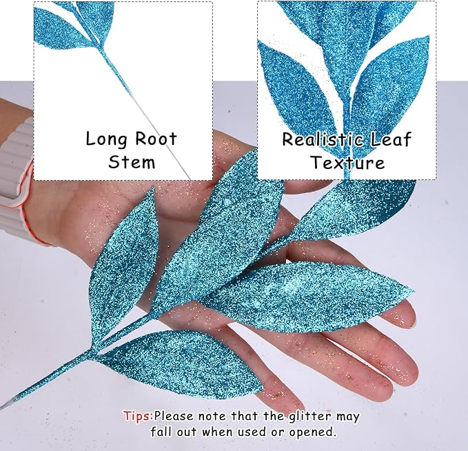 GREENTIME 12 Pack Artificial Blue Glitter Leaves 13" Fake Christmas Picks - Image 2