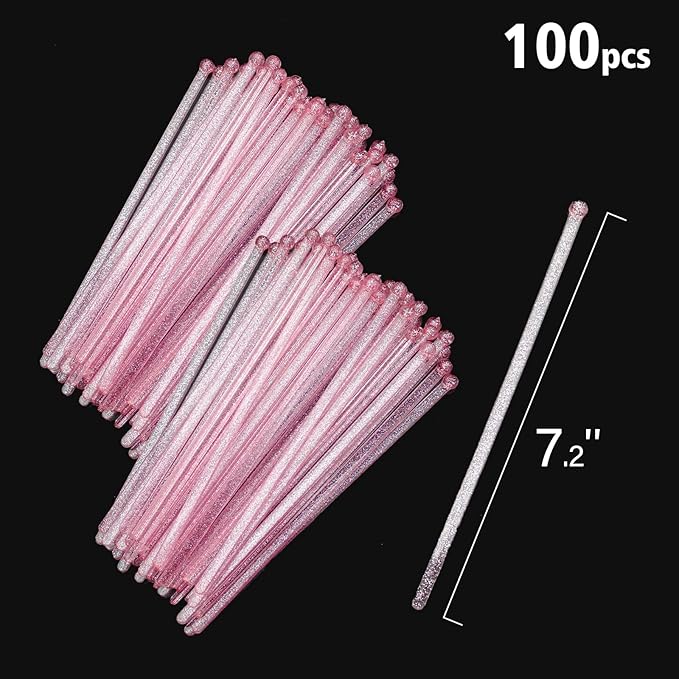 100-PCS Pink Glitter Plastic Swizzle Sticks, Crystal Cake Pops, Cocktail Coffee - Image 6