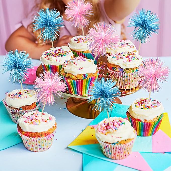Ephlyn 30Pcs Foil Firework Cupcake Toppers Sparkle Tinsel Cupcake Picks Happy - Image 4