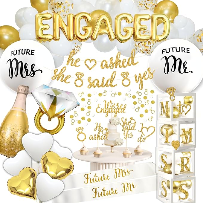 248 Pc Premium Engagement Party Decorations, He Asked She Said Yes Banner by RainMeadow