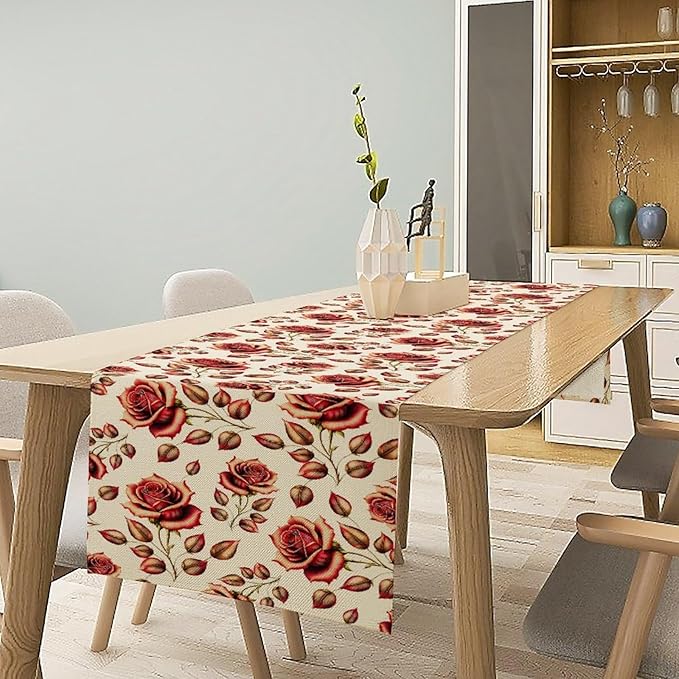 Retro Rose Table Runner, Romantic Love Elegant Plant Red Golden Flower Print - Image 6