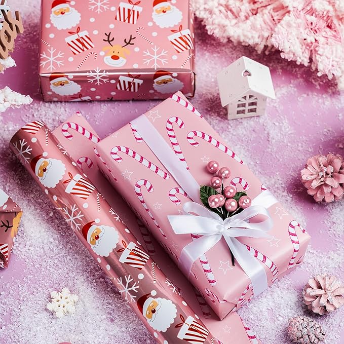 LeZakaa Christmas Pink Wrapping Paper Jumbo Roll, Santa Claus & Candy Cane - Image 5