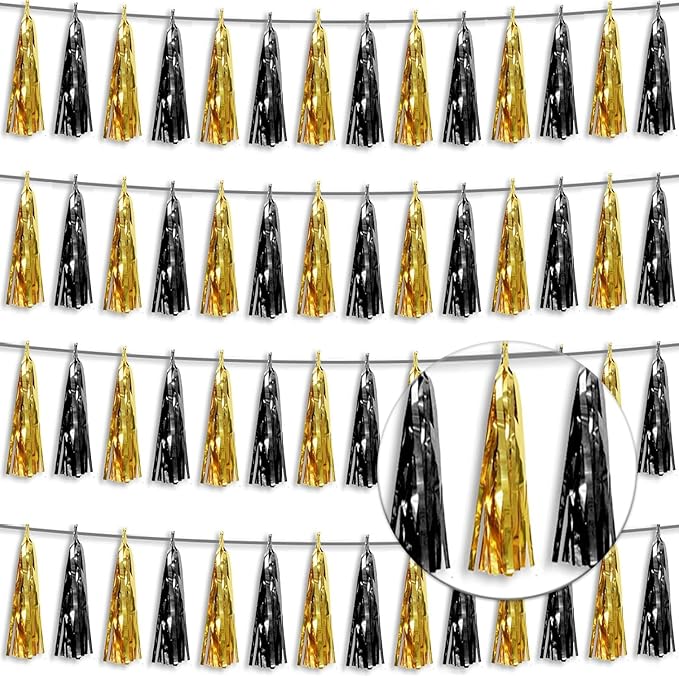 4P Black Gold Foil Fringe Tassel Banner Garland Metallic Tinsel Streamers Wall by Xuuf