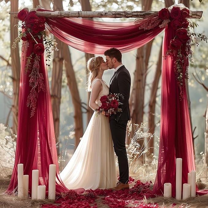 Burgundy Wedding Arch Draping Fabric 3 Panels 30'' x 20FT Burgundy Drapes Sheer - Image 4