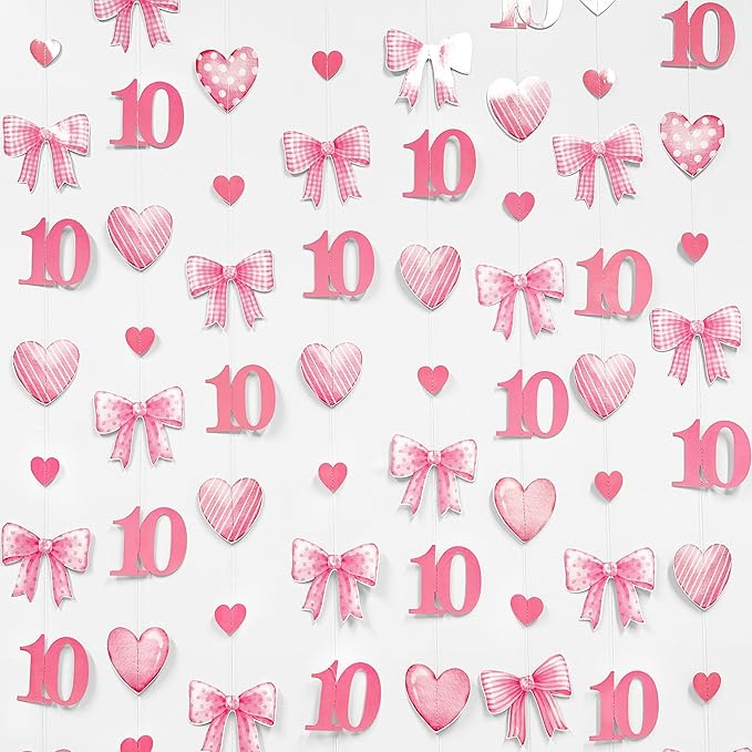 40Ft Pink 10th Bow Birthday Decorations Hot Pink Conquette Bow Heart Garland - Image 5