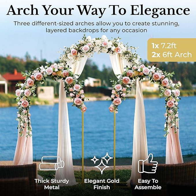 Metal Arch Backdrop Stand and Cover Set – 3 Gold Frames - Image 2