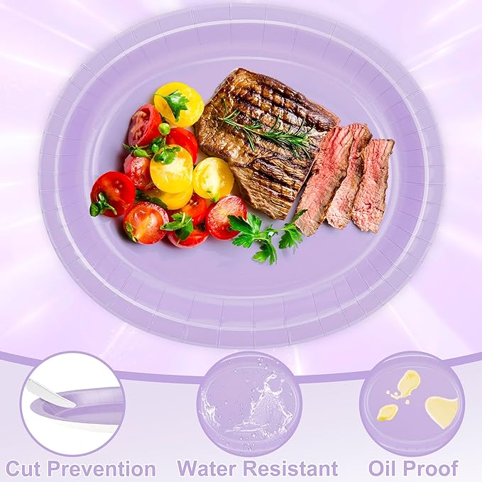 QZYL 50 Count Oval Paper Plates, 12.2'' X 10.2'' Large Lavender Disposable - Image 3