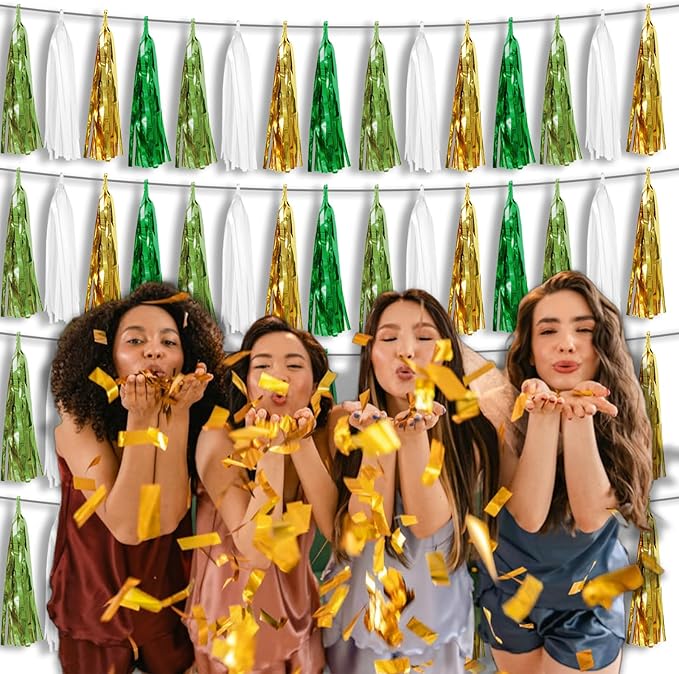 4P Sage-Green Gold Foil Fringe Tassel Banner Garland Metallic Tinsel Streamers - Image 6