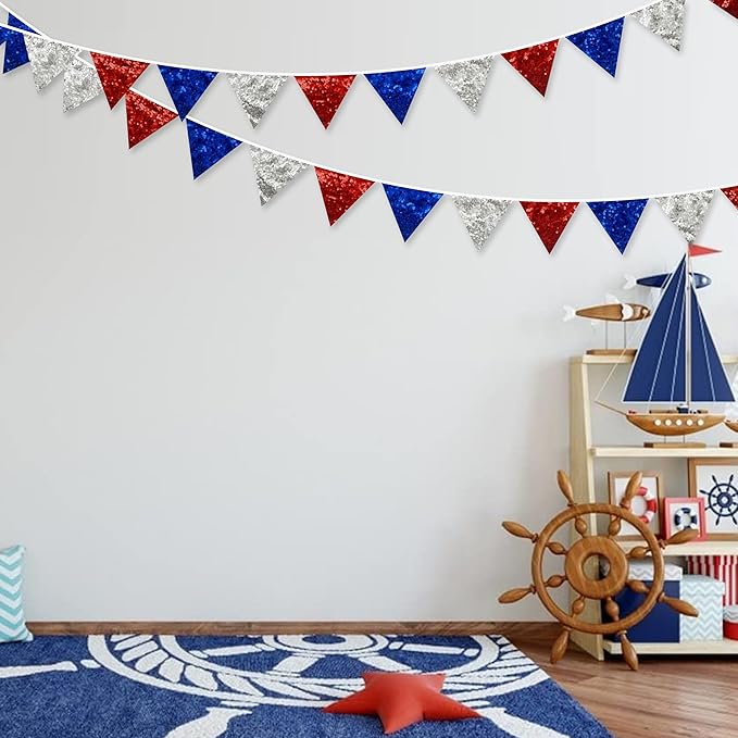 pinkblume Red Blue Silver Decorations Double Sided Sequin Fabric Triangle - Image 3